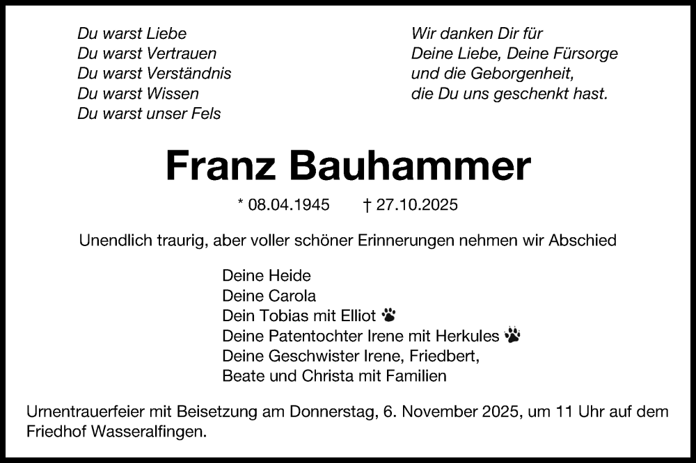  Traueranzeige für Franz Bauhammer vom 04.11.2025 aus Schwäbische Post