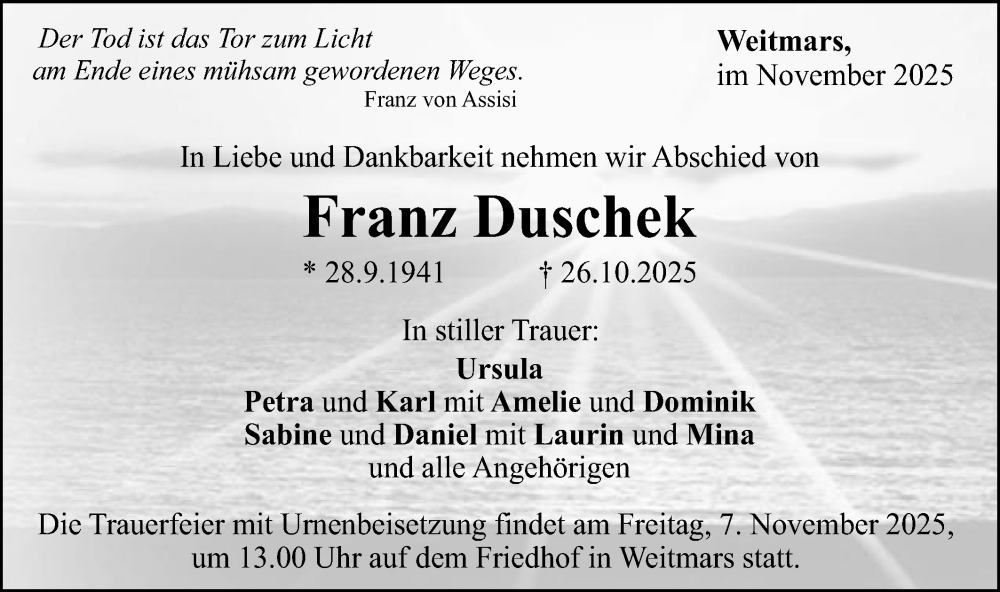 Traueranzeige für Franz Duschek vom 03.11.2025 aus Gmünder Tagespost