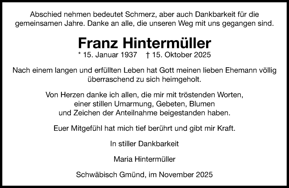  Traueranzeige für Franz Hintermüller vom 08.11.2025 aus Gmünder Tagespost