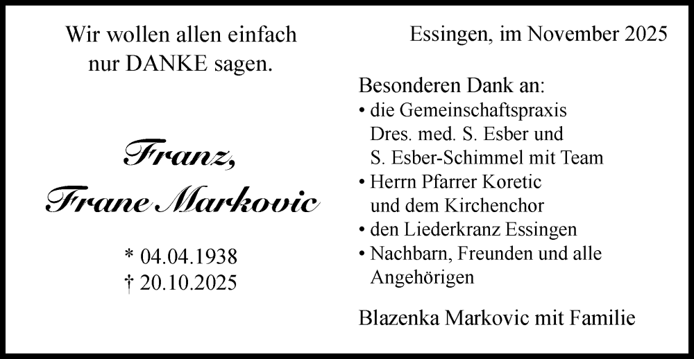  Traueranzeige für Franz Markovic vom 14.11.2025 aus Schwäbische Post