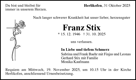 Traueranzeige von Franz Stix von Gmünder Tagespost