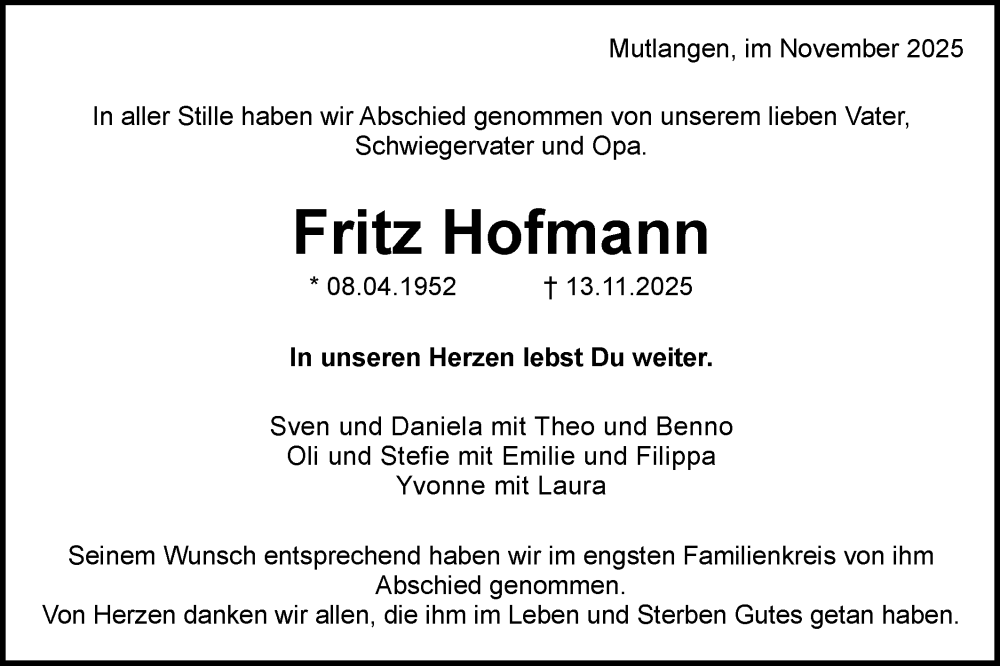  Traueranzeige für Fritz Hofmann vom 27.11.2025 aus Gmünder Tagespost
