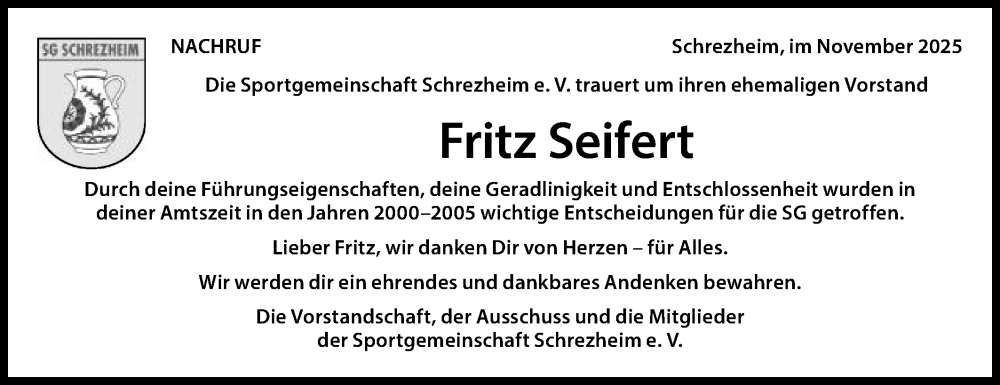  Traueranzeige für Fritz Seifert vom 18.11.2025 aus Schwäbische Post