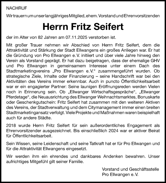 Traueranzeige von Fritz Seifert von Schwäbische Post