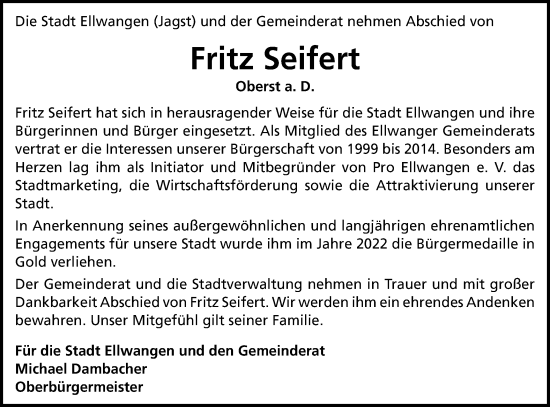 Traueranzeige von Fritz Seifert von Schwäbische Post