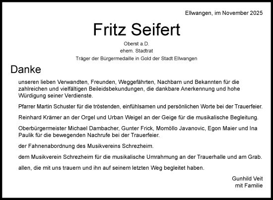 Traueranzeige von Fritz Seifert von Schwäbische Post
