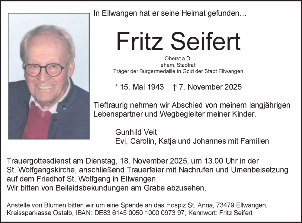  Traueranzeige für Fritz Seifert vom 11.11.2025 aus Schwäbische Post