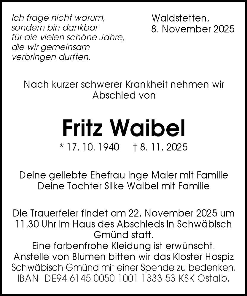  Traueranzeige für Fritz Waibel vom 15.11.2025 aus Gmünder Tagespost