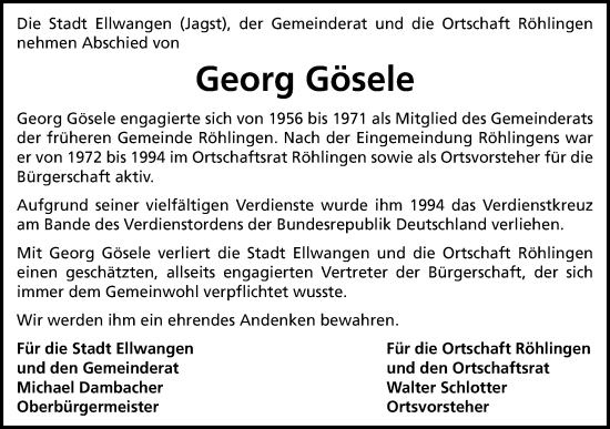 Traueranzeige von Georg Gösele von Schwäbische Post