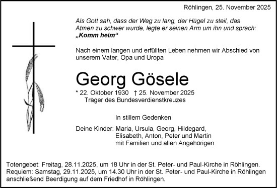 Traueranzeige von Georg Gösele von Schwäbische Post