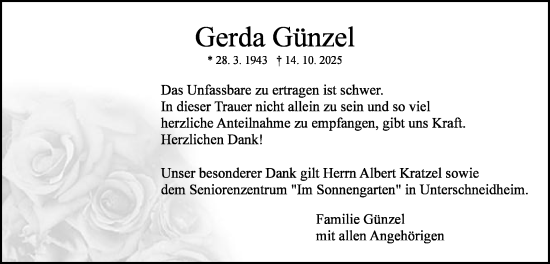 Traueranzeige von Gerda Günzel von Schwäbische Post