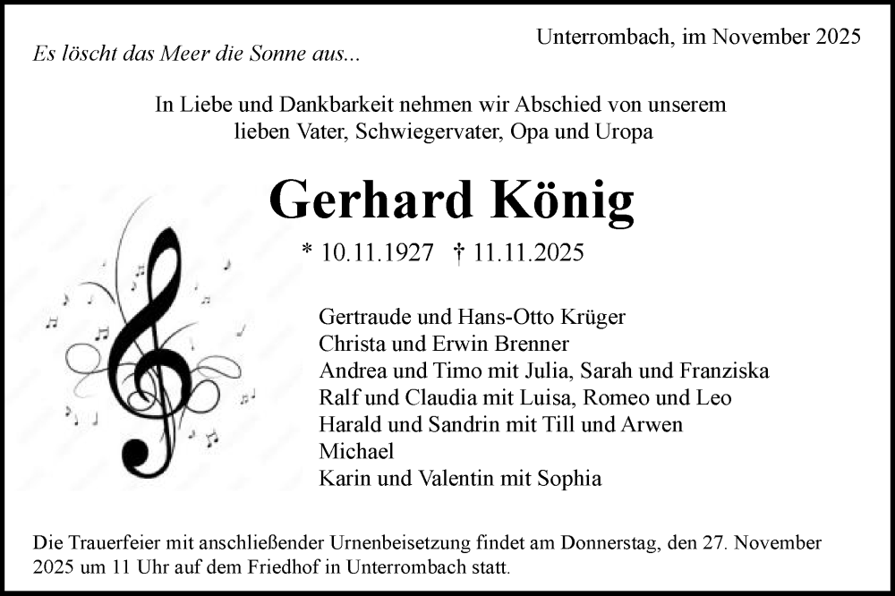  Traueranzeige für Gerhard König vom 22.11.2025 aus Schwäbische Post