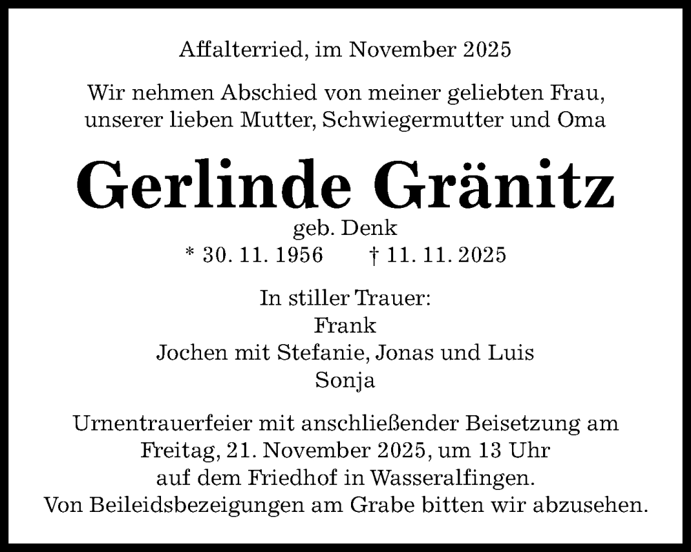  Traueranzeige für Gerlinde Gränitz vom 15.11.2025 aus Schwäbische Post