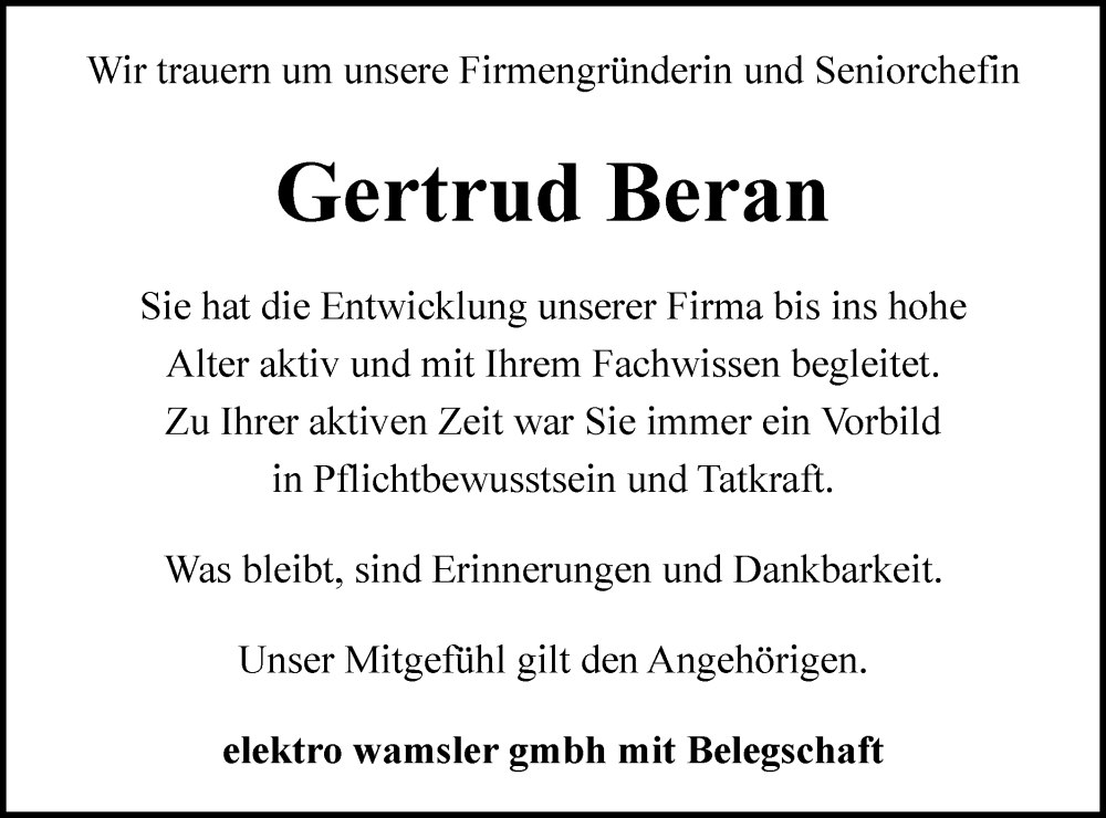  Traueranzeige für Gertrud Beran vom 07.11.2025 aus Gmünder Tagespost