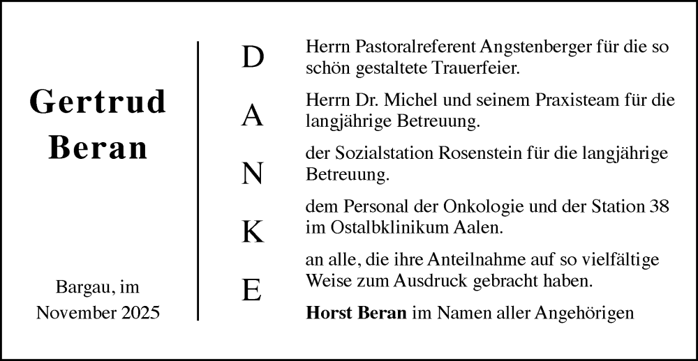  Traueranzeige für Gertrud Beran vom 15.11.2025 aus Gmünder Tagespost