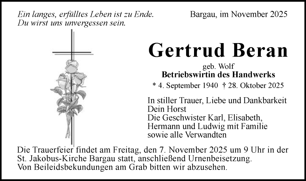  Traueranzeige für Gertrud Beran vom 04.11.2025 aus Gmünder Tagespost