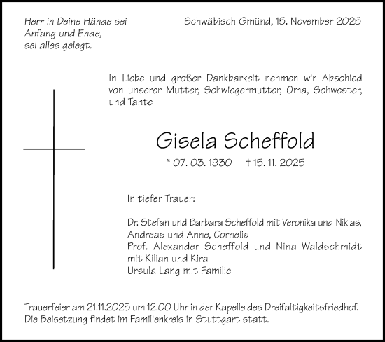 Traueranzeige von Gisela Scheffold von Gmünder Tagespost
