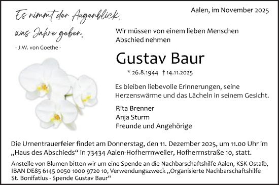 Traueranzeige von Gustav Baur von Schwäbische Post