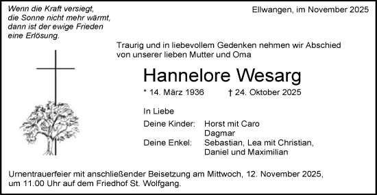 Traueranzeige von Hannelore Wesarg von Schwäbische Post