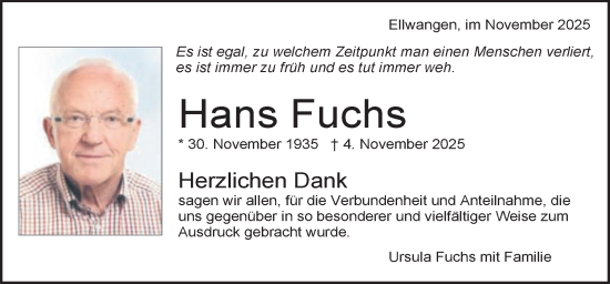 Traueranzeige von Hans Fuchs von Schwäbische Post