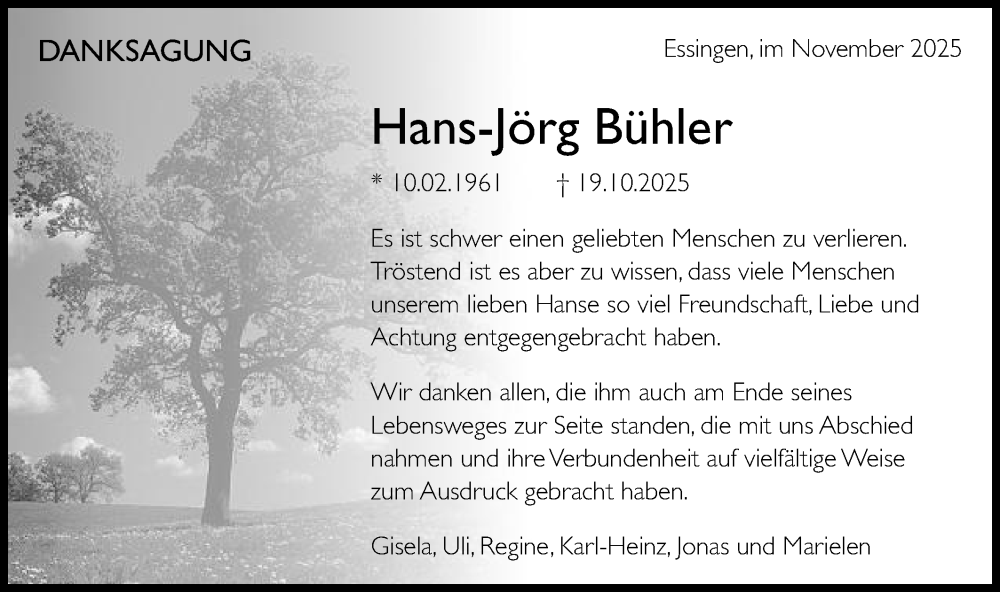  Traueranzeige für Hans-Jörg Bühler vom 15.11.2025 aus Schwäbische Post