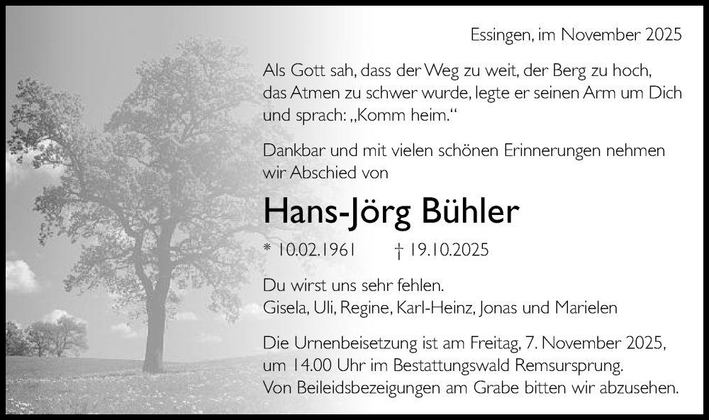  Traueranzeige für Hans-Jörg Bühler vom 05.11.2025 aus Schwäbische Post