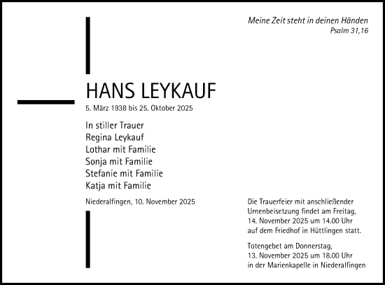 Traueranzeige von Hans Leykauf von Schwäbische Post