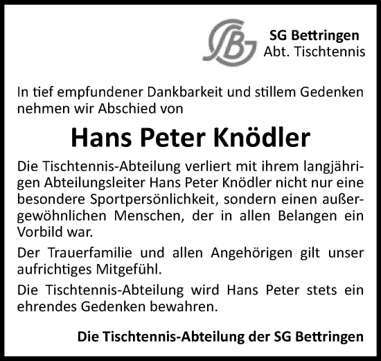 Traueranzeige von Hans Peter Knödler von Gmünder Tagespost