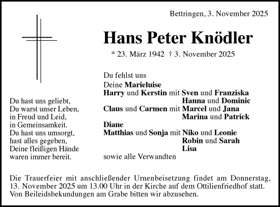 Traueranzeige von Hans Peter Knödler von Gmünder Tagespost