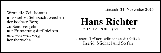Traueranzeige von Hans Richter Richter von Gmünder Tagespost