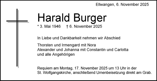Traueranzeige von Harald Burger von Schwäbische Post