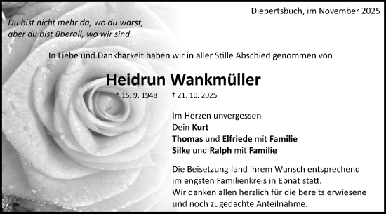 Traueranzeige von Heidrun Wankmüller von Schwäbische Post