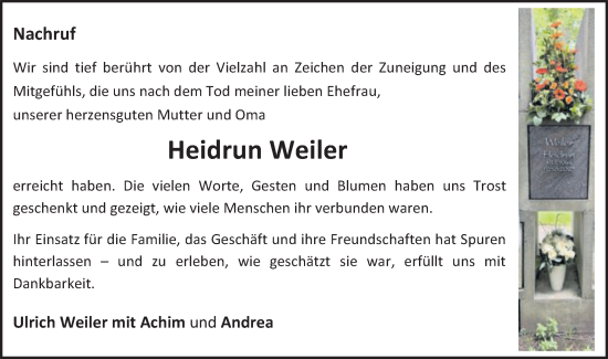 Traueranzeige von Heidrun Weiler von Schwäbische Post