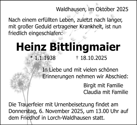 Traueranzeige von Heinz Bittlingmaier von Gmünder Tagespost