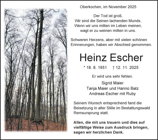 Traueranzeige von Heinz Escher von Schwäbische Post