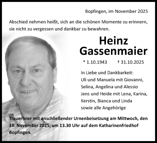 Traueranzeige von Heinz Gassenmaier von Schwäbische Post
