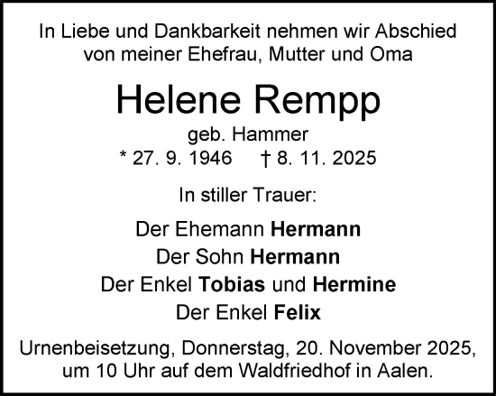 Traueranzeige von Helene Rempp von Schwäbische Post