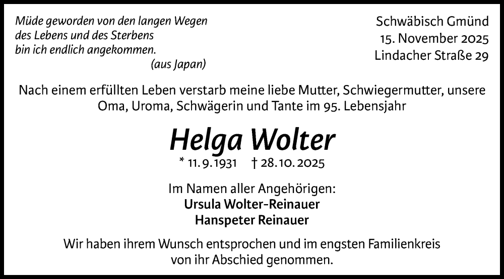  Traueranzeige für Helga Wolter vom 15.11.2025 aus Gmünder Tagespost