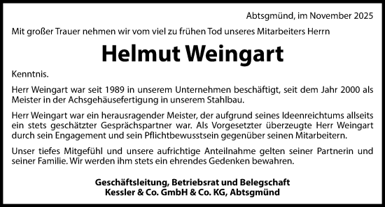 Traueranzeige von Helmut Weingart von Schwäbische Post