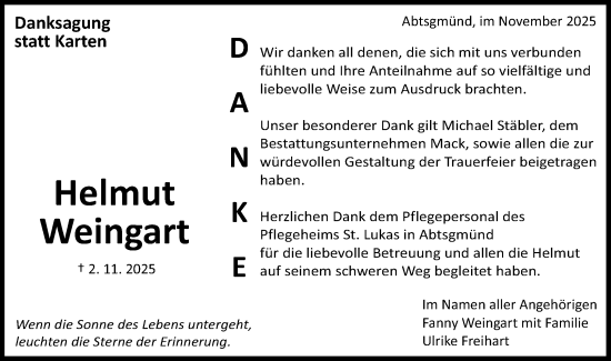 Traueranzeige von Helmut Weingart von Schwäbische Post