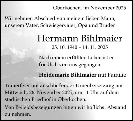 Traueranzeige von Hermann Bihlmaier von Schwäbische Post