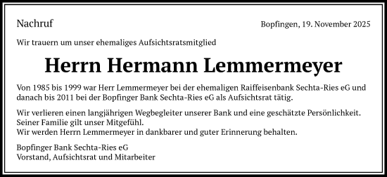 Traueranzeige von Hermann Lemmermeyer von Schwäbische Post
