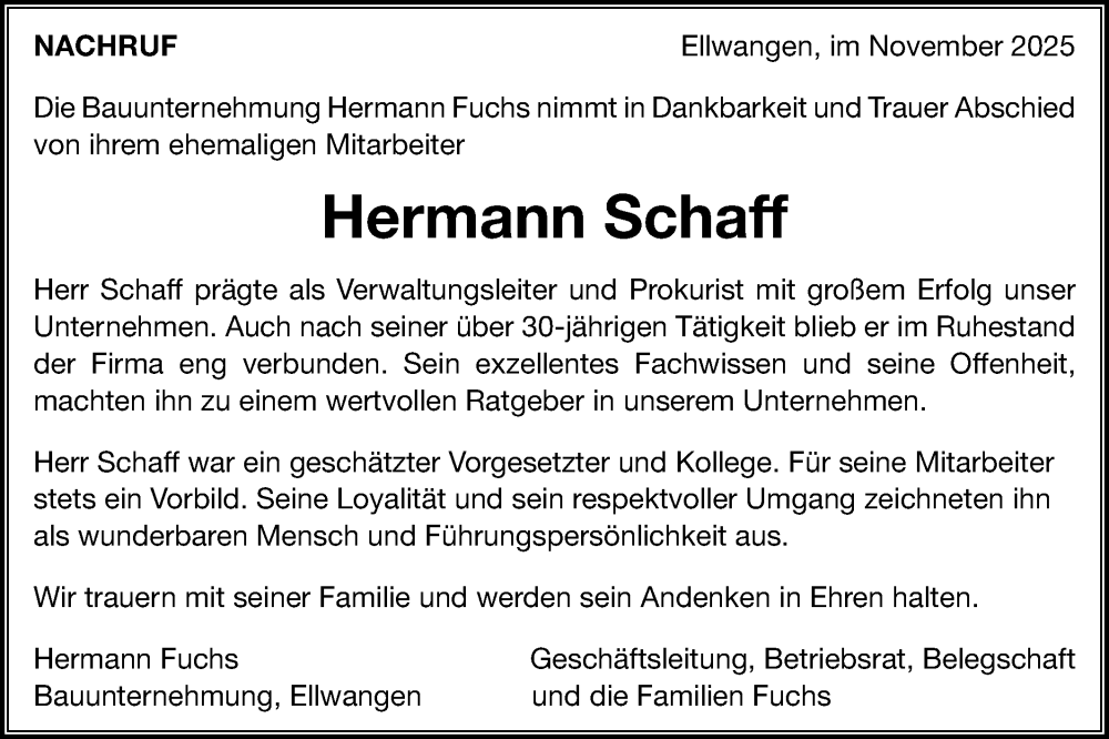  Traueranzeige für Hermann Schaff vom 26.11.2025 aus Schwäbische Post