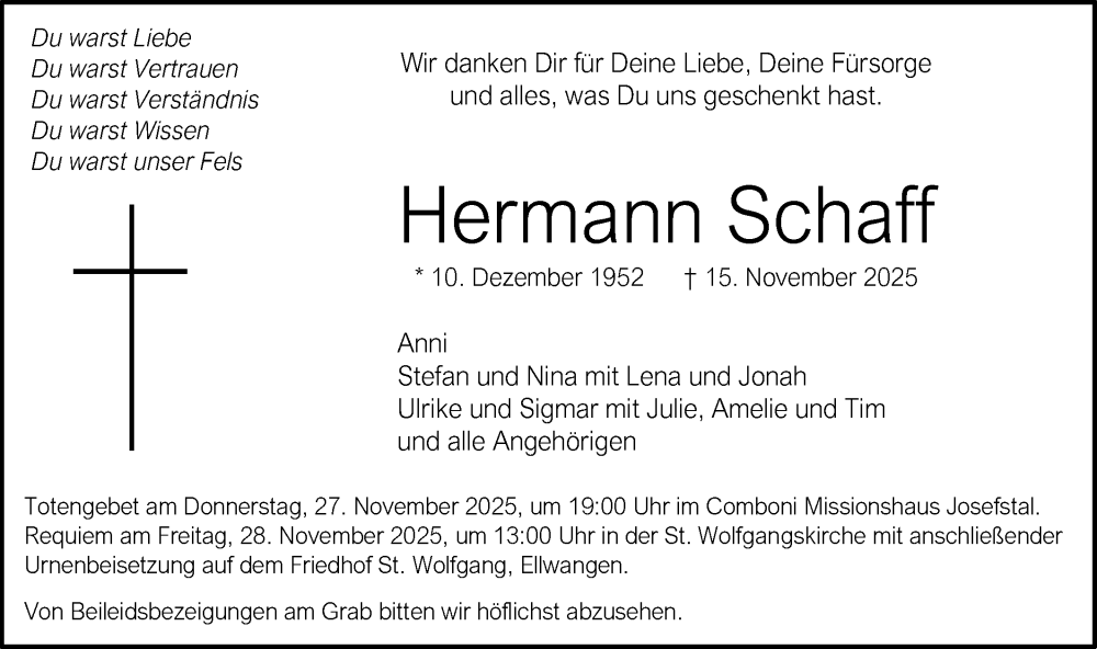  Traueranzeige für Hermann Schaff vom 25.11.2025 aus Schwäbische Post