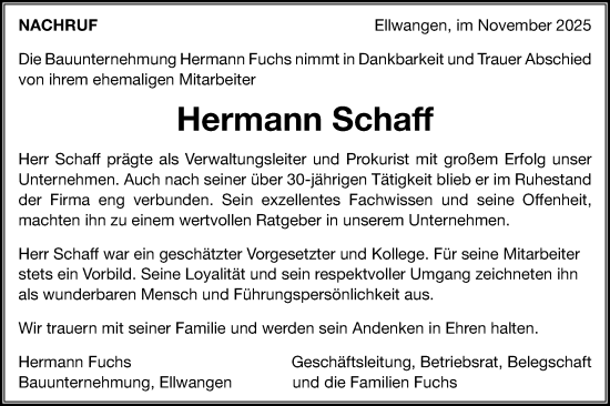 Traueranzeige von Hermann Schaff von Schwäbische Post