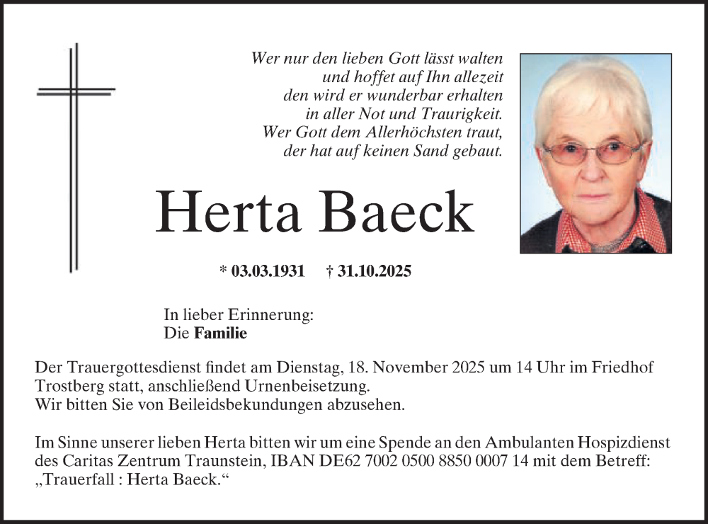  Traueranzeige für Herta Baeck vom 08.11.2025 aus Schwäbische Post