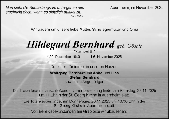Traueranzeige von Hildegard Bernhard von Schwäbische Post