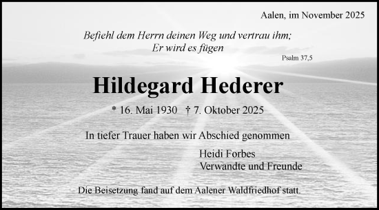Traueranzeige von Hildegard Hederer von Schwäbische Post