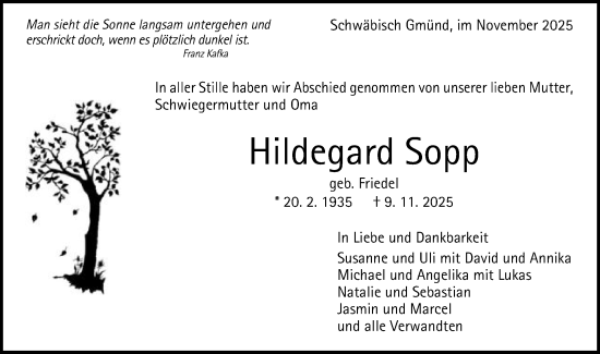 Traueranzeige von Hildegard Sopp von Gmünder Tagespost