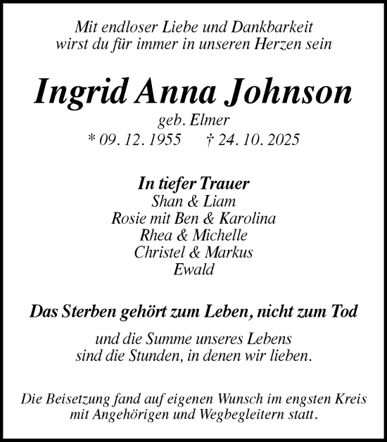 Traueranzeige von Ingrid Anna Johnson von Gmünder Tagespost
